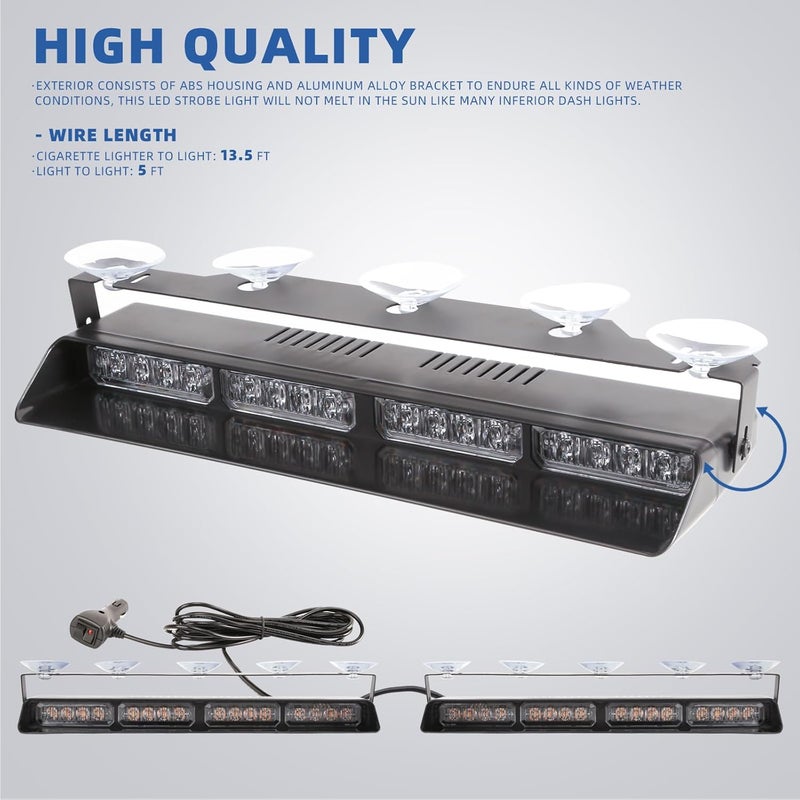 PKINGLAKE 2 in 1 LED Emergency Dash Strobe Light Bar Front/Rear Windshield Safety Flashing Warning Hazard Interior Lights for Police Firefighter Construction Vehicles Trucks (2x14 inch, Amber/Blue) - Image 4